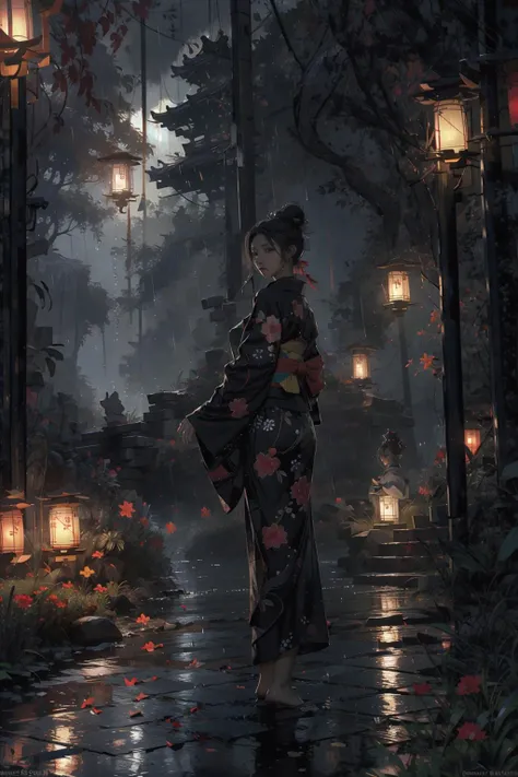 (masterpiece:1.2), best quality,realistic,Tyndall effect,
1girl, lantern, rain, solo, japanese clothes, kimono, standing, outdoors, night, hair bun, paper lantern, black kimono, single hair bun, scenery, water, from behind, wide sleeves, artist name, holding, long sleeves
<lora:ghostdom_20230621222536-000016:1> <lora:zhongfenghuaxiyou-000018:0.5>