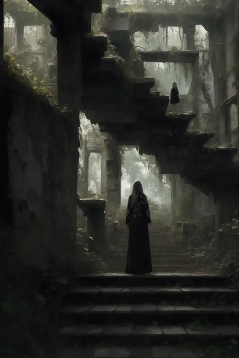 (masterpiece:1.2), best quality,realistic, 1girl, scenery, solo, stairs, long hair, ruins, standing, from behind, outdoors, artist name, white hair, wide shot, overgrown, facing away <lora:ghostdom_20230621222536-000016:1>
