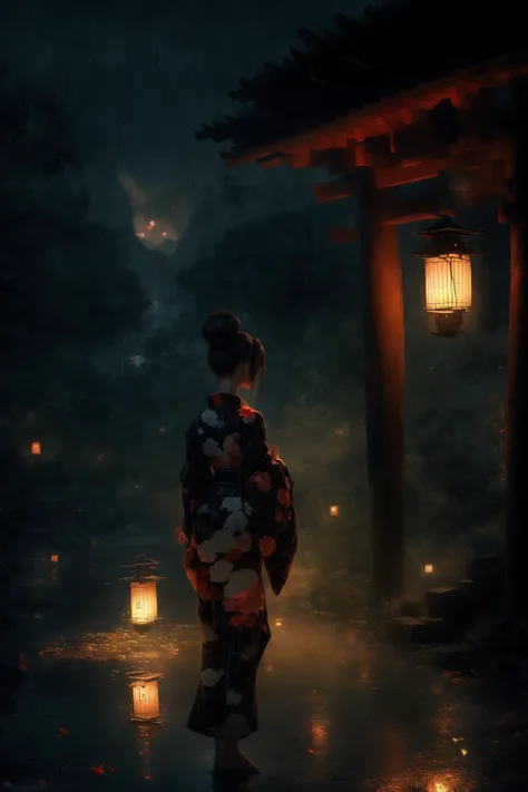 (masterpiece:1.2), best quality,realistic,Tyndall effect, 1girl, lantern, rain, solo, japanese clothes, kimono, standing, outdoors, night, hair bun, paper lantern, black kimono, single hair bun, scenery, water, from behind, wide sleeves, artist name, holding, long sleeves <lora:ghostdom_20230621222536-000016:1> <lora:Chinese style_20230608155715-000010:0.5> <lora:add_detail:1>