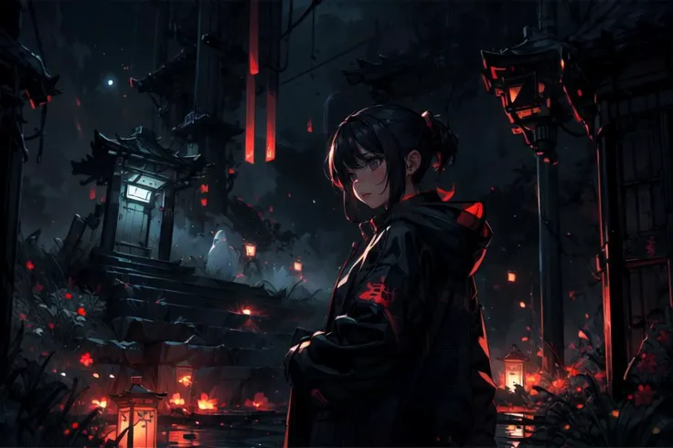 (masterpiece:1.2), best quality, Tyndall effect, 1girl, hooded ninja, neon lights, temple, mechanical, ghost, fumes, apparition, ghostdom, night, backlight, <lyco:ghostdom_20230621222536-000016:1> , <lora:more_details:1>,