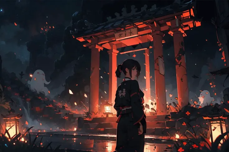 (masterpiece:1.2), best quality, realistic, Tyndall effect, 1girl, ninja, temple, , ghostdom, night, backlight, <lyco:ghostdom_20230621222536-000016:1.0>