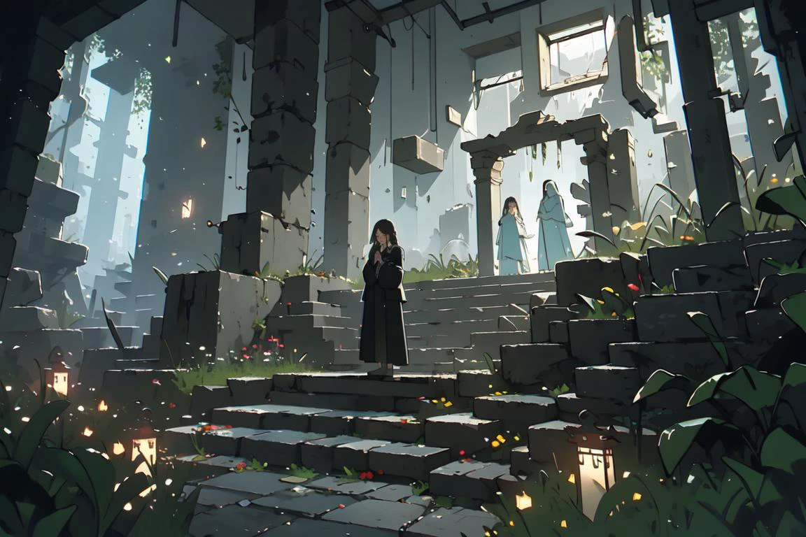 (masterpiece:1.2), best quality, Tyndall effect, 1girl, scenery, solo, stairs, long hair, ruins, praying at altar, jungle, wide shot, <lyco:ghostdom_20230621222536-000016:1> , <lora:more_details:-1>,