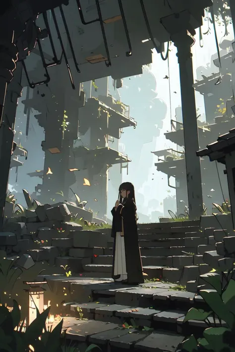 (masterpiece:1.2), best quality, Tyndall effect, 1girl, scenery, solo, stairs, long hair, ruins, praying at altar, jungle, wide shot, <lyco:ghostdom_20230621222536-000016:1> , <lora:more_details:-1>,