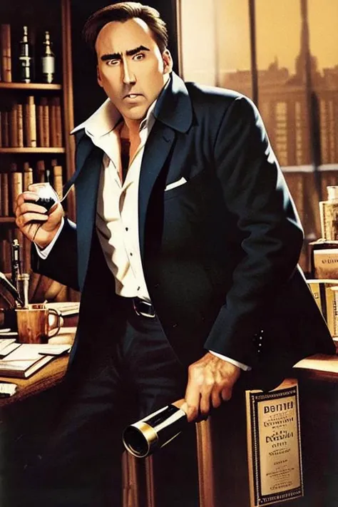 book cover, detective short stories, Nicolas Cage drinking scotch in his office
