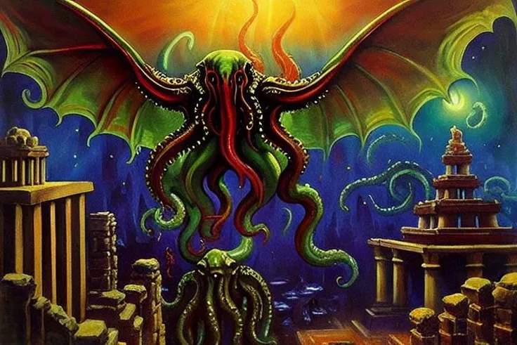 sd-pulp of Cthulhu flying over a temple,mastperpiece,horror stories, oil painting