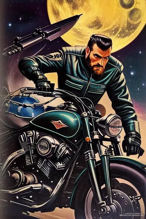 sd-pulp of a futuristic biker rinding his vehicle, night time