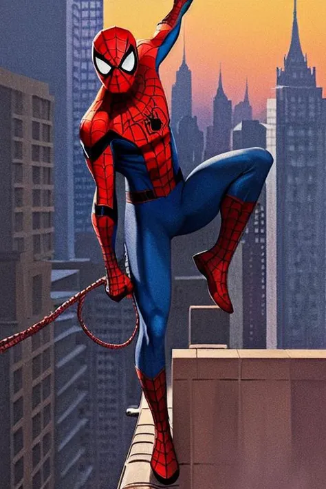 sd-pulp of a spiderman standing on a rooftop, high quality illustration