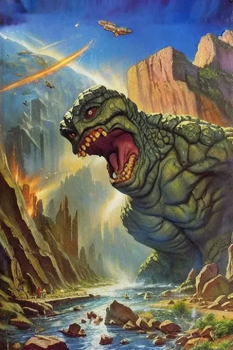 sd-pulp a giant rock monster attacking a city, throwing rocks, startling mystery, cover art, illustration