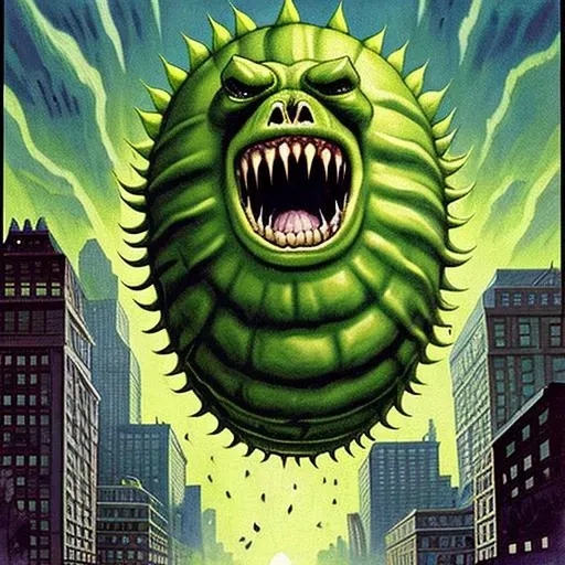 a giant dill pickle rampaging through a city, horror stories, cover art, illustration <lora:sd-pulp-1-1-lora:1>, sd-pulp, horror stories, cover art, illustration