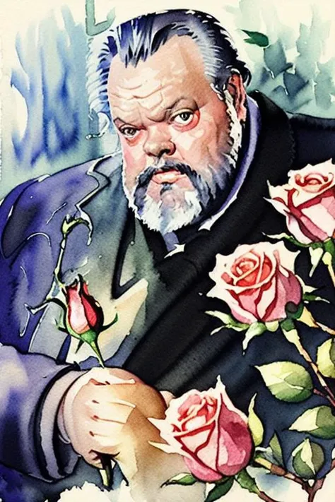 watercolor painting of Orson Welles, talking to a rose bud, sunlight <lora:OrsonWelles:1>
