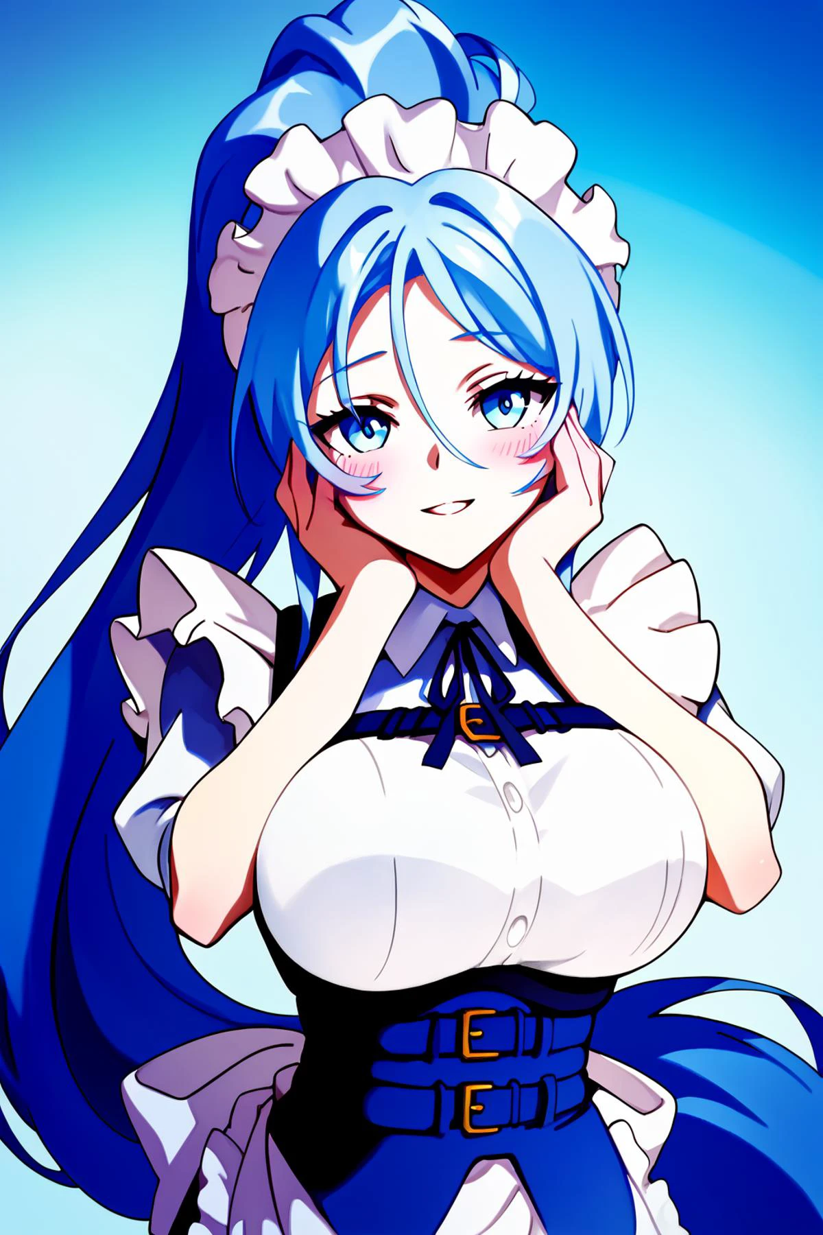 maid_headdress, maid, apron,<lora:Sylpha:0.8>sylpha, long_hair, blue_eyes, blue_hair, blush,large_breasts,ponytail <lora:yandere_trance_v1_pruned:1> yandere trance, Score_9, Score_8_up, Score_7_up, Score_6_up, Score_5_up, Score_4_up, BREAK,1girl in full growth, best quality, masterpiece, ultra-detailed, high quality,good quality,1 girl,(master piece,high resolution, ultra detailed,8K,16K),look at viewer