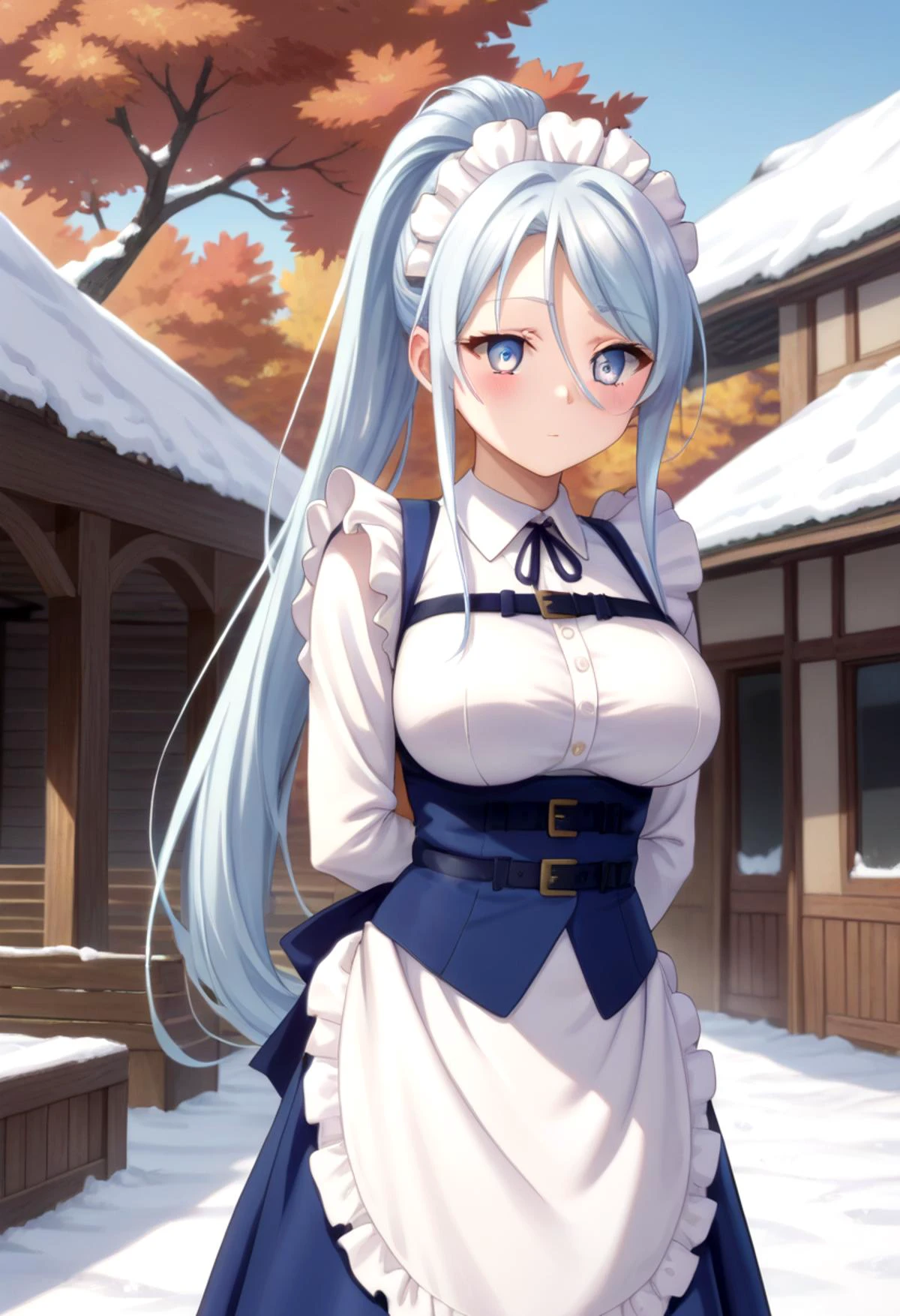 score_9, score_8_up, score_7_up, detailed eyes, autumn leaf, snowy, village, BREAK
straight on shot, standing, <lora:PerfectEyesXL:0.8> perfecteyes,
<lora:Sylpha:0.75> sylpha, long_hair, 1girl, blue_eyes, blue_hair, solo, blush, large_breasts, ponytail, maid dress