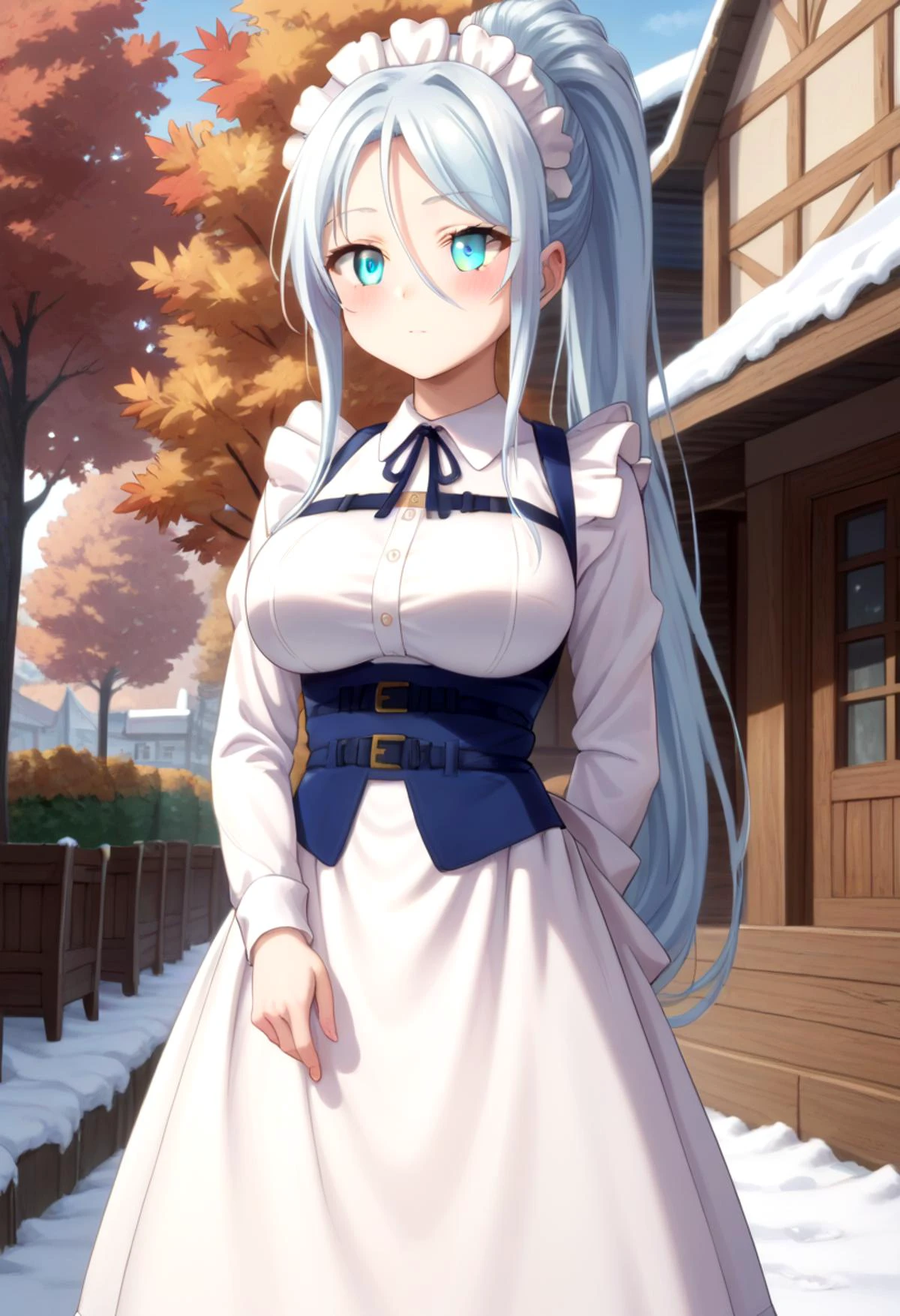 score_9, score_8_up, score_7_up, detailed eyes, autumn leaf, snowy, village, BREAK
straight on shot, standing, <lora:PerfectEyesXL:0.8> perfecteyes,
<lora:Sylpha:0.75> sylpha, long_hair, 1girl, blue_eyes, blue_hair, solo, blush, large_breasts, ponytail, maid dress