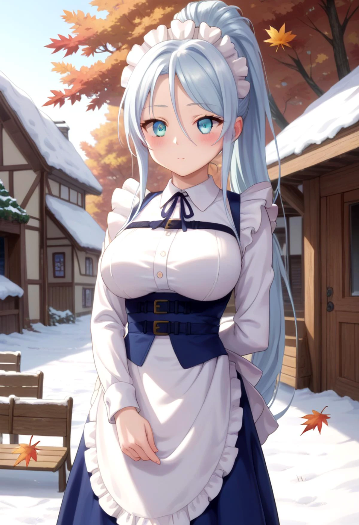 score_9, score_8_up, score_7_up, detailed eyes, autumn leaf, snowy, village, BREAK
straight on shot, standing, <lora:PerfectEyesXL:0.8> perfecteyes,
<lora:Sylpha:0.75> sylpha, long_hair, 1girl, blue_eyes, blue_hair, solo, blush, large_breasts, ponytail, maid dress