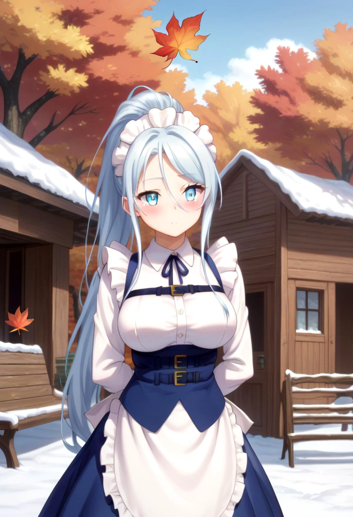 score_9, score_8_up, score_7_up, detailed eyes, autumn leaf, snowy, village, BREAK
straight on shot, standing, <lora:PerfectEyesXL:0.8> perfecteyes,
<lora:Sylpha:0.75> sylpha, long_hair, 1girl, blue_eyes, blue_hair, solo, blush, large_breasts, ponytail, maid dress