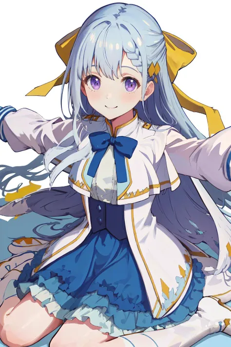 masterpiece, best quality, highres, 1girl euphyllia hair bow yellow bow hair ornament, blue dress white jacket open jacket white capelet white shirt blue bowtie frills <lora:euphyllia:1> sitting, wariza, outstretched arms, smile