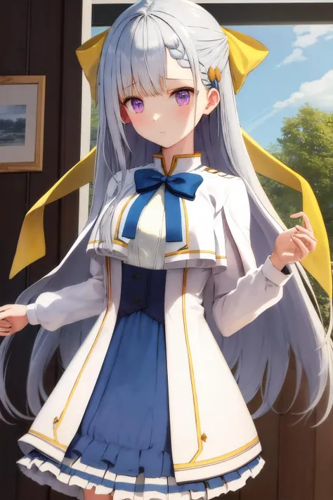 masterpiece, best quality, highres, 1girl euphyllia hair bow yellow bow hair ornament, blue dress white jacket open jacket white capelet white shirt blue bowtie frills <lora:euphyllia:1>