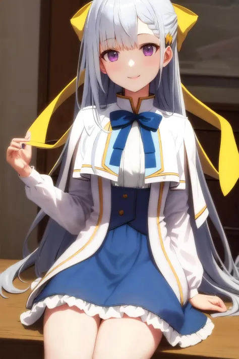 masterpiece, best quality, highres, 1girl euphyllia hair bow yellow bow hair ornament, blue dress white jacket open jacket white capelet white shirt blue bowtie frills <lora:euphyllia:1> sitting, smile