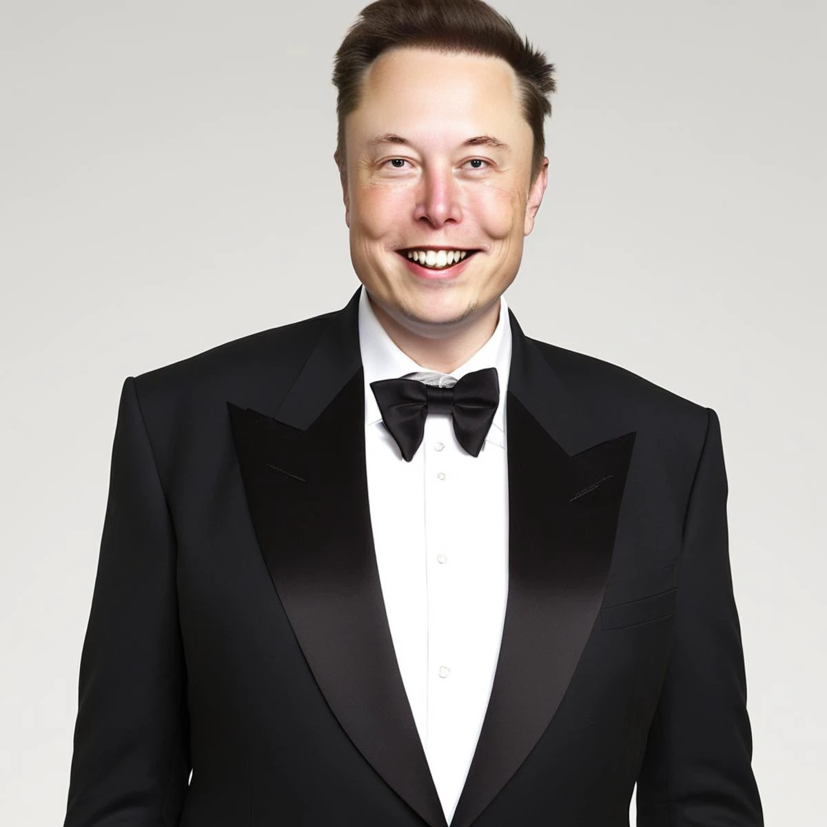 Elon Musk, 1boy, solo, suit, simple background, looking at viewer, smile, bow