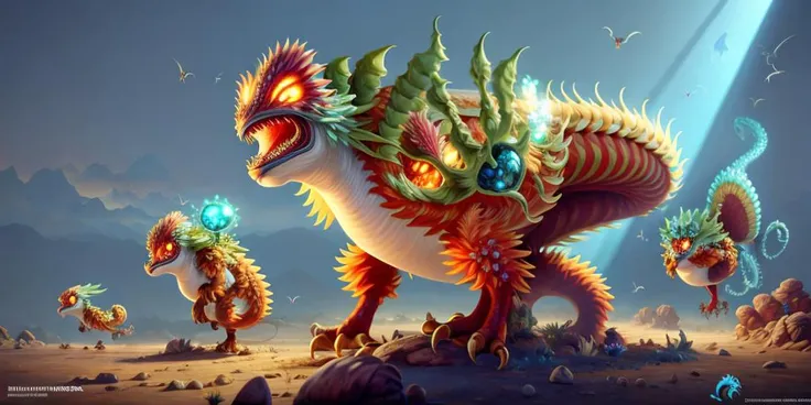 ((monsterevolution)),(evolution:1.2),(giant),8k, high quality,highres,best quality, masterpiece,high detail, ((silavra art style)),3d render ultra detailed of a beautiful animal, ethereal, light rays, particles, beautiful studio soft light, rim light, vibrant detail painting, hell <lyco:evilmonMonster_v10:1>