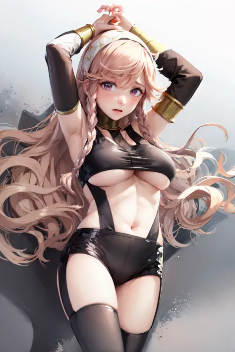 (masterpiece, best quality:1.2), <lora:fireemblem_olivia-15:0.8>, <lora:attire_hotlimit-10:1>, solo, 1girl, olivia \(fire emblem\), dancer, shy, embarrassed, hands up, hairband, hot limit, underboob