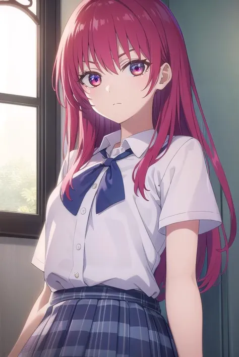 sakisaki, <lora:saki saki s2-lora-nochekaiser:1>,
saki saki, long hair, bangs, (red eyes:1.3), red hair,
BREAK skirt, shirt, bow, school uniform, white shirt, short sleeves, pleated skirt, bowtie, blue skirt,
BREAK indoors, classroom,
BREAK looking at viewer, (cowboy shot:1.5),
BREAK <lyco:GoodHands-beta2:1>, (masterpiece:1.2), best quality, high resolution, unity 8k wallpaper, (illustration:0.8), (beautiful detailed eyes:1.6), extremely detailed face, perfect lighting, extremely detailed CG, (perfect hands, perfect anatomy),