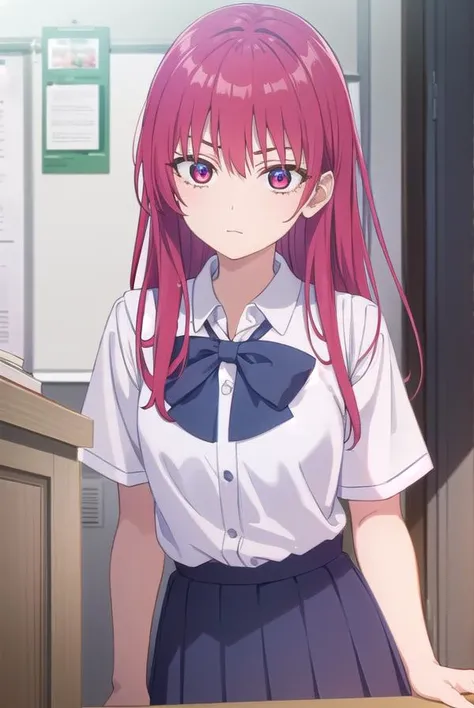 sakisaki, <lora:saki saki s2-lora-nochekaiser:1>,
saki saki, long hair, bangs, (red eyes:1.3), red hair,
BREAK skirt, shirt, bow, school uniform, white shirt, short sleeves, pleated skirt, bowtie, blue skirt,
BREAK indoors, classroom,
BREAK looking at viewer, (cowboy shot:1.5),
BREAK <lyco:GoodHands-beta2:1>, (masterpiece:1.2), best quality, high resolution, unity 8k wallpaper, (illustration:0.8), (beautiful detailed eyes:1.6), extremely detailed face, perfect lighting, extremely detailed CG, (perfect hands, perfect anatomy),
