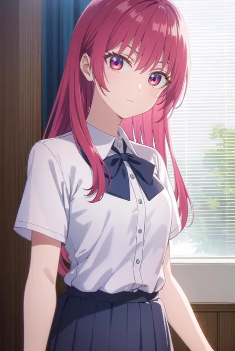 sakisaki, <lora:saki saki s2-lora-nochekaiser:1>,
saki saki, long hair, bangs, (red eyes:1.3), red hair,
BREAK skirt, shirt, bow, school uniform, white shirt, short sleeves, pleated skirt, bowtie, blue skirt, 
BREAK indoors, classroom,
BREAK looking at viewer, (cowboy shot:1.5),
BREAK <lyco:GoodHands-beta2:1>, (masterpiece:1.2), best quality, high resolution, unity 8k wallpaper, (illustration:0.8), (beautiful detailed eyes:1.6), extremely detailed face, perfect lighting, extremely detailed CG, (perfect hands, perfect anatomy),