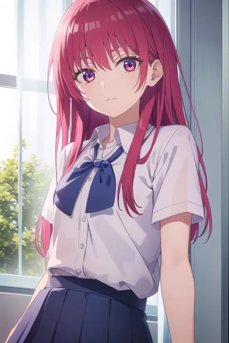 sakisaki, <lora:saki saki s2-lora-nochekaiser:1>,
saki saki, long hair, bangs, (red eyes:1.3), red hair,
BREAK skirt, shirt, bow, school uniform, white shirt, short sleeves, pleated skirt, bowtie, blue skirt, 
BREAK indoors, classroom,
BREAK looking at viewer, (cowboy shot:1.5),
BREAK <lyco:GoodHands-beta2:1>, (masterpiece:1.2), best quality, high resolution, unity 8k wallpaper, (illustration:0.8), (beautiful detailed eyes:1.6), extremely detailed face, perfect lighting, extremely detailed CG, (perfect hands, perfect anatomy),
