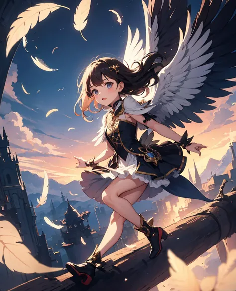 1girl, fantasy, in the air, flying, wings, feathers