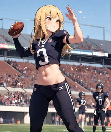 QB girl, uniform, (pass, throwing stance:1.2), slim thighs, navel, field, long hair, female american football