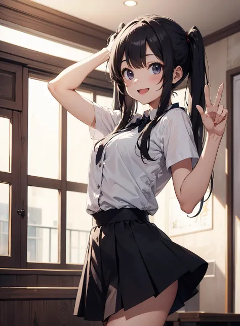 Not suitable for the public, masterpiece, extremely detail, 8k, best quality, novel illustration, 1 girl, figure, , 16yo, mini skirt, Ultra Detailed Face, black hair, Sweet Eyes, naive, White socks, Black slippers, Cowboy-shot, smile, white panties, Sit with your knees raised, Hand peace sign, straight-on