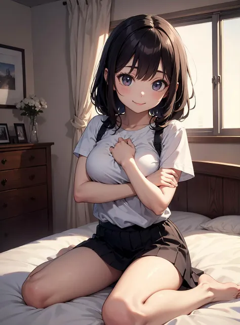 (best quality: 1.2), (masterpiece, best quality, ultra high res, 8k, perfect anatomy, extremely detailed), (extremely detailed CG unity), (1lady), solo, (abs:1.0),(27 years old:1.5),(black eyes),(dark brown hair), (bob cut), (medium breasts:1.3),(Navel exposed:1.3),full-face blush,face is turning red, (thick thighs:1.4),((collarbone)),(muscular shoulder:1.6),( white tank top:1.5),(denim short pants:1.2),(smile:1.0),(huge areola),(erection of nipple:0.8),(ecstasy:1.3), upward glance,bedroom,(Forehead:1.3), impossible clothe,(leaning forward:1.2),(above shot:1.2),(spread legs),(hands on own chest:1.5)