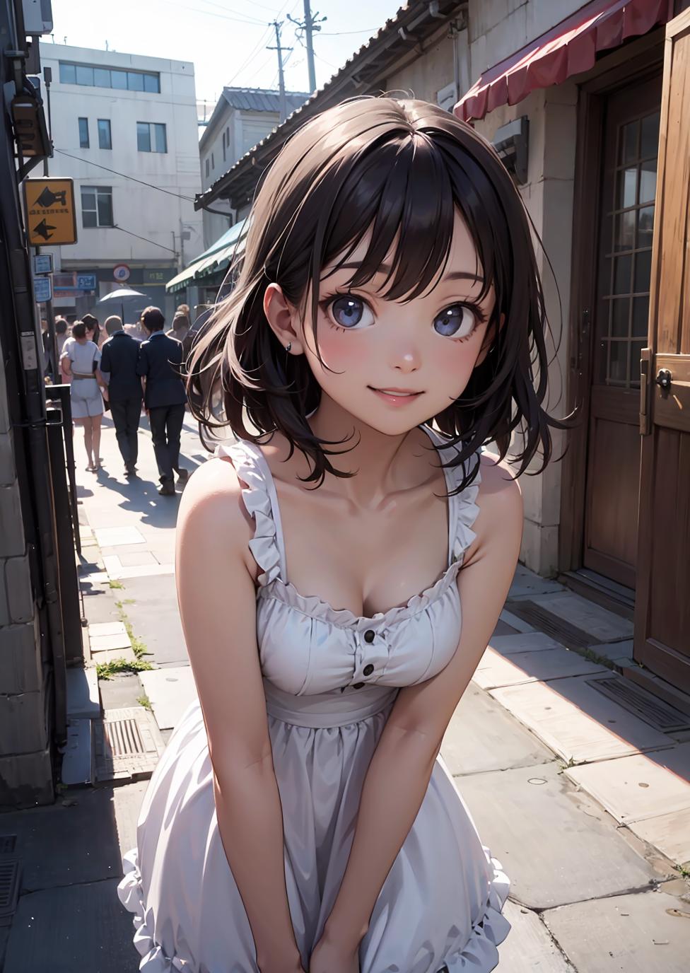 Anime girl with blue eyes posing on a street corner - SeaArt AI