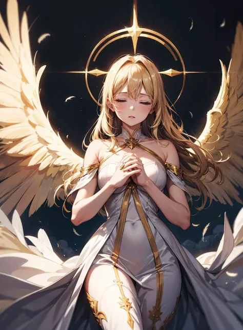 (masterpiece, best quality), (absurdres:1.2), novel illustration, (ultra detailed, 8K, ultra highres:1.2), 1girl, young, slim, long hair, blonde hair, angel, white dress, praying, (shining golden ring above head:1.2), wings, feathers, holy light, holding hands on chest, closed eyes, cloud, heaven, cinematic composition, dramatic lighting, (dynamic pose:1.2),  <lora:more_details:0.3>