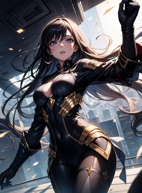 (masterpiece) A full-body portrait of Freya JKT48, featuring her sultry lips and captivating black eyes, with an expertly rendered (extremely detailed CG portrait) showcasing her stunning beauty. She stands against a mysterious backdrop of a night view, with city lights twinkling in the distance, set against a dark background. Her (black hair) frames her face perfectly as she exudes elegance and allure.