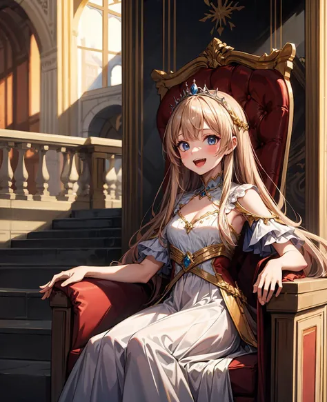 (masterpiece, best quality), (absurdres:1.3), (ultra detailed, 8K, ultra highres:1.2), 1girl, young, long hair, cinematic composition, <lyco:more_details:0.5>, (fantasy), princess costume, dress, tiara, castle, palace, throne, laughing