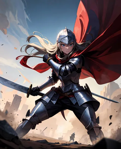 (masterpiece, best quality), (absurdres:1.2), (novel illustration:1.1), (ultra detailed, 8K, ultra highres:1.2), 1girl, young, long hair, (cinematic composition), <lyco:more_details:0.5>, (fantasy), knight costume, armor, helmet, cape, (holding sword), determined face, (fighting stance), attack, battlefield, multiple knights, multiple warriors