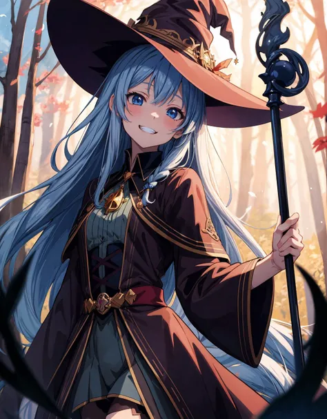 (masterpiece, best quality), (absurdres:1.2), (anime illustration:1.4), (ultra detailed, 8K, ultra highres:1.2), 1girl, young, long hair, (cinematic composition), <lyco:more_details:0.5>, (fantasy), witch costume, hat, evil grin, (casting spells:1.2), (witch wand), magic, forest, night, (spells in the air:1.2)