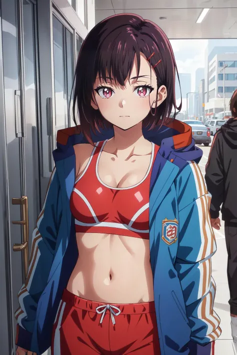 (masterpiece, best quality), intricate details,
1girl, <lora:shizukazom100 v3:0.8> shizukazom100, 1girl, short hair, dark purple hair, bangs, hair ornament, hairclip, pink eyes, white pupils, medium breasts, collarbone,, blue jacket, sports bra, navel, midriff, pink shorts,
Museum, red carpet, skeleton, paintings, indoors,