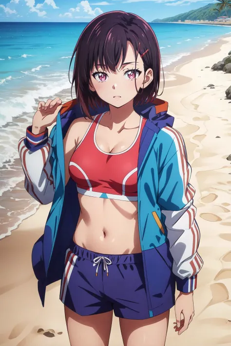 (masterpiece, best quality), intricate details,
1girl, <lora:shizukazom100 v3:0.8> shizukazom100, 1girl, short hair, dark purple hair, bangs, hair ornament, hairclip, pink eyes, white pupils, medium breasts, collarbone,, blue jacket, sports bra, navel, midriff, pink shorts,
ocean, waves, beach, sand, palm tree,