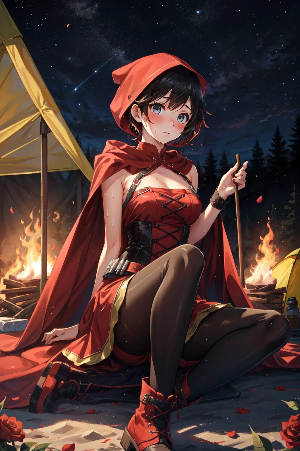 (masterpiece, best quality), intricate details,
1girl, <lora:ruby_rose-10:0.8> ruby_rose, cape, dress, red cape, crescent rose, boots, pantyhose, hood, petals, corset
blushing, sweating, hot, flustered, boob sweat,
<lora:Starcloud:0.4> outdoors, night, starry sky, camping, campfire, tent,