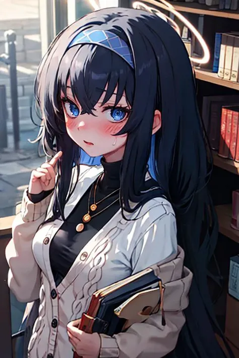 (masterpiece, best quality), 1girl, beautiful face, <lora:ui_bluearchive:1> ui_bluearchive, long_hair, black_hair, bangs, hairband, halo, bags_under_eyes, blue_hairband, blue_eyes, hair_between_eyes, blush, jewelry, necklace, cardigan, very_long_hair, breasts