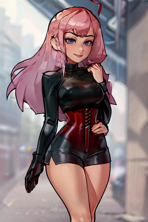 (masterpiece, best quality), 1girl, Copper Textured Crop with Skin Fade, Size DD breasts, Lilac Gray Corset top and Faux leather biker shorts with a high waist, socks, Standing with arms crossed and a confident smile., <lora:LoodnCrood:1>