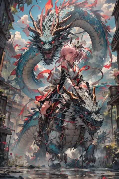 realistic, photorealistic, best quality, masterpiece, ultra high res, finely detailed, quality, realistic lighting, detailed skin, intricate details, raw photo, absurdres, highres, ultra detailed, BREAK, 1girl, solo, looking at viewer, , poster, portrait, close up, key visual, beautifu and aesthetic face, nice hands, (hand of Guido Daniele:1.5), detailed background, detailed face, (riding monster, Riding a dragon:1.5), (film view, Exaggerated Perspective, holding lightning up in one hand, pink theme, chinesedragon, eastern dragon, Dragon Scale, Dragon Horn, Dragon Claw, dragon tongue, sharp dragon teeth, pink white dragon, pink outfit, hanfu, hanfu skirt, pink braids, white bows, thigh boots, wide sleeves, long sleeves, Chinese ancient buildings, Sunrise scenery, large sky, wide sky, mountainous area, mountains at the end of summer, fantastic, mysterious, wind powers, clouds landscape, floating, river, puddle, ripple:1.4), (detailed light, beautiful detailed glow, pink long hair, colored inner hair, pearl, pink_eyes, pink hair, clean facial features, an extremely delicate and beautiful, cute & girly, beautiful detailed eyes, stars in the eyes:1.3), (sexy, slim, large breasts, skinny, slim_legs, long legs, narrow waist, model pose:1.1), (smile, blush, Pink lips, Glowing Eyes, perfect face, detailed pupils, Makeup:1.1), (eye focus,  face focus, character focus, close-up face:1.3), (dynamic pose, dynamic angle, dutch angle,  cowboy shot:1.4), (reflection, refraction, Rembrandt lighting, diffuse lighting, radiosity, photon mapping, subsurface scattering, atmospheric lighting, dynamic lighting, Multi-exposure HDR capture, Screen Space Global Illumination, Ray Tracing, Lumen Reflections, Tone Mapping, volumetric lighting, Circular polarizer, broad lighting, dramatic lighting, moody lighting:1.3), (explosive light and shadow, lens flare, light particle, lens glare, light particles, Luminescent Particles, floating particles, particles:1.2), (depth of field, blurry foreground, sharp focus, perspective, aerial perspective, film grain, film:1.4), (colorful refraction, iridescent colors, Iridescence:1.1), (dark studio, rim lighting, two tone lighting, dimly lit, low key, rim light, dark theme), (watercolor style, soft blending, dreamy washes, delicate textures, brilliant colors, action painting, gestural marks, dynamic brushwork, expressive motion, spontaneous technique, abstract expressionism, energetic compositions, action pose, vibrant glow, dynamic colors, reflective surfaces, girly style, delicate accessories, Overdetailed art, Water color painting, ornaments detailed:1.1), (atmosphere, Cosy, Peaceful, Hopeful:1.1), (Glowing ambiance, enchanting radiance, luminous lighting, ethereal atmosphere, mesmerizing glow, evocative hues, captivating coloration, enchanting aura, melanchonic soft light:1.1), official art, beautiful and aesthetic, beautiful, (zentangle, mandala, tangle, entangle), (ecstasy of flower:1.1), the most beautiful form of chaos, elegant, a brutalist designed, vivid colours, romanticism, atmospheric, warm tone, soft light, (fractal art), BREAK, delicate, Ultrarealistic, drawing, Detailed illustration, extremely detailed CG Unity 8k wallpaper, cinematic, dramatic, PBR Texturing, huge filesize, 8k uhd, octane render, unreal engine 5, BREAK, <lora:epiNoiseoffset_v3:1.65>, <lora:add_detail:0.65>, <lora:more_details:0.65>, <lora:GoodHands-beta2:1>, <lora:[LoRa] Riding Monsteræªç£é¨å£« Concept[ridingmonster]:0.65>,  <lora:ChineseDragon_v2:0.65>,  <lora:LowRA:0.65>