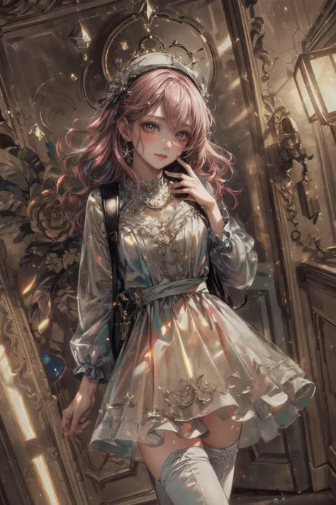realistic, photorealistic, best quality, masterpiece, ultra high res, finely detailed, quality, realistic lighting, detailed skin, intricate details, raw photo, absurdres, highres, ultra detailed, BREAK, 1girl, solo, looking at viewer, , poster, portrait, close up, key visual, beautifu and aesthetic face, detailed background, detailed face, (detailed light, beautiful detailed glow, beautiful detailed ice, beautiful detailed water, beautiful detailed water wave, pink long hair, floating palaces, messy floating hair, colored inner hair, Starry sky adorns hair, lots of big colorful Bubble, bubbles around, bubble world, bubbles background, bubble galaxy, pearl, Galaxy, pink backpack, pink hairclip, pink heart, pink thighhighs, pink shoes, pink hair_ornament, pink_eyes, pink_bag, pink long_sleeves, pink hair, pink theme, short pink hair, holographic, reflecting light, glistening, shining, psychedelic style, dancer, neon colors, spotlight, pink transparent holographic clothing, night, black night, colorful, clean facial features, upper body, an extremely delicate and beautiful, cute & girly, beautiful detailed eyes, stars in the eyes:1.5), (nice hands, hand of Guido Daniele, sexy, slim, large breasts, skinny, slim_legs, long legs, narrow waist, model pose:1.3), (smile, blush, Pink lips, Glowing Eyes, perfect face, detailed pupils, Makeup:1.1), (eye focus, face focus, character focus, close-up face:1.3), (dynamic pose, dynamic angle, dutch angle, cowboy shot:1.4), (reflection, refraction, Rembrandt lighting, diffuse lighting, radiosity, photon mapping, subsurface scattering, atmospheric lighting, dynamic lighting, Multi-exposure HDR capture, Screen Space Global Illumination, Ray Tracing, Lumen Reflections, Tone Mapping, volumetric lighting, Circular polarizer, broad lighting, dramatic lighting, moody lighting:1.4), (explosive light and shadow, lens flare, light particle, lens glare, light particles, Luminescent Particles, floating particles, particles:1.3), (depth of field, blurry foreground, sharp focus, perspective, aerial perspective:1.4), (colorful refraction, iridescent colors, Iridescence:1.2), (dark studio, rim lighting, two tone lighting, dimly lit, low key, rim light), (watercolor style, soft blending, dreamy washes, delicate textures, brilliant colors, action painting, gestural marks, dynamic brushwork, expressive motion, spontaneous technique, abstract expressionism, energetic compositions, action pose, vibrant glow, dynamic colors, reflective surfaces, girly style, delicate accessories, Overdetailed art, Water color painting, ornaments detailed:1.1), (atmosphere, Cosy, Peaceful, Hopeful:1.2), (Glowing ambiance, enchanting radiance, luminous lighting, ethereal atmosphere, mesmerizing glow, evocative hues, captivating coloration, enchanting aura, melanchonic soft light:1.4), official art, beautiful and aesthetic, beautiful, (zentangle, mandala, tangle, entangle), (ecstasy of flower:1.2), the most beautiful form of chaos, elegant, a brutalist designed, vivid colours, romanticism, atmospheric, warm tone, soft light, (fractal art), BREAK, film grain, film, delicate, Ultrarealistic, drawing, Detailed illustration, extremely detailed CG Unity 8k wallpaper, cinematic, dramatic, PBR Texturing, huge filesize, 8k uhd, octane render, unreal engine 5, BREAK, <lora:epiNoiseoffset_v3:1>, <lora:add_detail:0.5>, <lora:more_details:0.5>, <lora:GoodHands-beta2:1>, <lora:holov7:0.8>, <lora:idc128dim-epoch-000007:0.85>