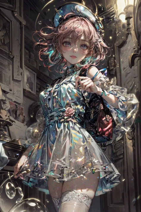 realistic, photorealistic, best quality, masterpiece, ultra high res, finely detailed, quality, realistic lighting, detailed skin, intricate details, raw photo, absurdres, highres, ultra detailed, BREAK, 1girl, solo, looking at viewer, , poster, portrait, close up, key visual, beautifu and aesthetic face, detailed background, detailed face, (detailed light, beautiful detailed glow, beautiful detailed ice, beautiful detailed water, beautiful detailed water wave, pink long hair, floating palaces, messy floating hair, colored inner hair, Starry sky adorns hair, lots of big colorful Bubble, bubbles around, bubble world, bubbles background, bubble galaxy, pearl, Galaxy, pink backpack, pink hairclip, pink heart, pink thighhighs, pink shoes, pink hair_ornament, pink_eyes, pink_bag, pink long_sleeves, pink hair, pink theme, short pink hair, holographic, reflecting light, glistening, shining, psychedelic style, dancer, neon colors, spotlight, pink transparent holographic clothing, night, black night, colorful, clean facial features, upper body, an extremely delicate and beautiful, cute & girly, beautiful detailed eyes, stars in the eyes:1.5), (nice hands, hand of Guido Daniele, sexy, slim, large breasts, skinny, slim_legs, long legs, narrow waist, model pose:1.3), (smile, blush, Pink lips, Glowing Eyes, perfect face, detailed pupils, Makeup:1.1), (eye focus, face focus, character focus, close-up face:1.3), (dynamic pose, dynamic angle, dutch angle, cowboy shot:1.4), (reflection, refraction, Rembrandt lighting, diffuse lighting, radiosity, photon mapping, subsurface scattering, atmospheric lighting, dynamic lighting, Multi-exposure HDR capture, Screen Space Global Illumination, Ray Tracing, Lumen Reflections, Tone Mapping, volumetric lighting, Circular polarizer, broad lighting, dramatic lighting, moody lighting:1.4), (explosive light and shadow, lens flare, light particle, lens glare, light particles, Luminescent Particles, floating particles, particles:1.3), (depth of field, blurry foreground, sharp focus, perspective, aerial perspective:1.4), (colorful refraction, iridescent colors, Iridescence:1.2), (dark studio, rim lighting, two tone lighting, dimly lit, low key, rim light), (watercolor style, soft blending, dreamy washes, delicate textures, brilliant colors, action painting, gestural marks, dynamic brushwork, expressive motion, spontaneous technique, abstract expressionism, energetic compositions, action pose, vibrant glow, dynamic colors, reflective surfaces, girly style, delicate accessories, Overdetailed art, Water color painting, ornaments detailed:1.1), (atmosphere, Cosy, Peaceful, Hopeful:1.2), (Glowing ambiance, enchanting radiance, luminous lighting, ethereal atmosphere, mesmerizing glow, evocative hues, captivating coloration, enchanting aura, melanchonic soft light:1.4), official art, beautiful and aesthetic, beautiful, (zentangle, mandala, tangle, entangle), (ecstasy of flower:1.2), the most beautiful form of chaos, elegant, a brutalist designed, vivid colours, romanticism, atmospheric, warm tone, soft light, (fractal art), BREAK, film grain, film, delicate, Ultrarealistic, drawing, Detailed illustration, extremely detailed CG Unity 8k wallpaper, cinematic, dramatic, PBR Texturing, huge filesize, 8k uhd, octane render, unreal engine 5, BREAK, <lora:epiNoiseoffset_v3:1>, <lora:add_detail:0.5>, <lora:more_details:0.5>, <lora:GoodHands-beta2:1>, <lora:holov7:0.8>, <lora:idc128dim-epoch-000007:0.85>