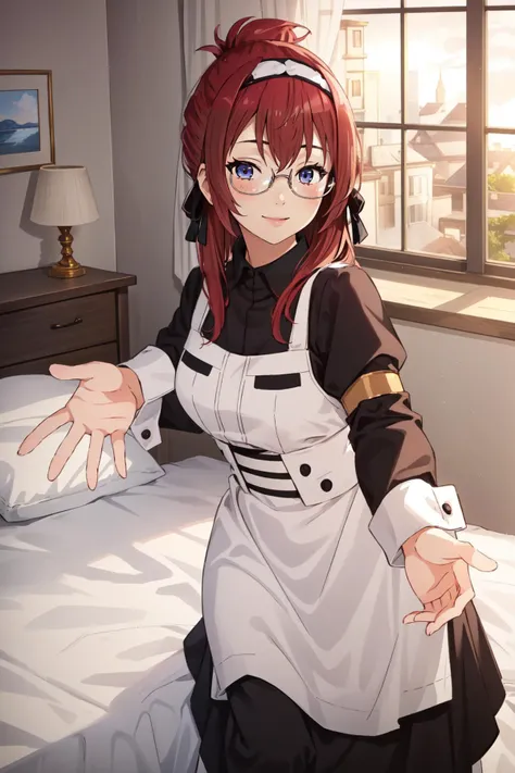 (masterpiece, best quality), intricate details,
1girl, <lora:ANIME_LiliaGreyrat_aiwaifu-10:0.8> LiliaGreyrat_aiwaifu, glasses, maid outfit, red hair,
reaching towards viewer, seductive smile, indoors, bedroom, bed,
