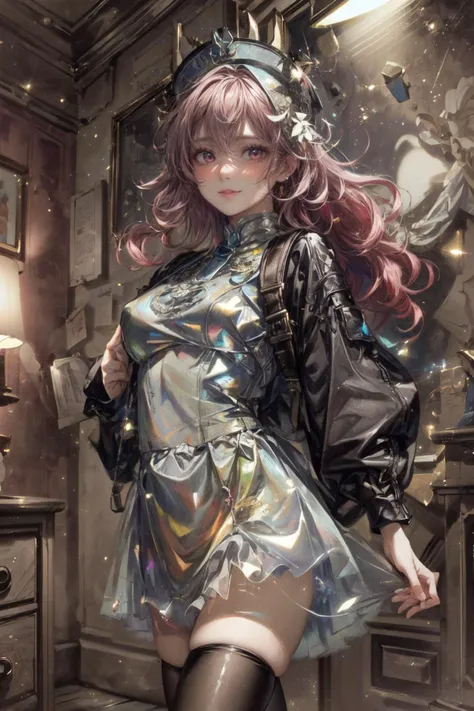 realistic, photorealistic, best quality, masterpiece, ultra high res, finely detailed, quality, realistic lighting, detailed skin, intricate details, raw photo, absurdres, highres, ultra detailed, BREAK, 1girl, solo, looking at viewer, , poster, portrait, close up, key visual, beautifu and aesthetic face, detailed background, detailed face, (detailed light, beautiful detailed glow, beautiful detailed ice, beautiful detailed water, beautiful detailed water wave, pink long hair, floating palaces, messy floating hair, colored inner hair, Starry sky adorns hair, lots of big colorful Bubble, bubbles around, bubble world, bubbles background, bubble galaxy, pearl, Galaxy, pink backpack, pink hairclip, pink heart, pink thighhighs, pink shoes, pink hair_ornament, pink_eyes, pink_bag, pink long_sleeves, pink hair, pink theme, short pink hair, holographic, reflecting light, glistening, shining, psychedelic style, dancer, neon colors, spotlight, pink transparent holographic clothing, night, black night, colorful, clean facial features, upper body, an extremely delicate and beautiful, cute & girly, beautiful detailed eyes, stars in the eyes:1.5), (nice hands, hand of Guido Daniele, sexy, slim, large breasts, skinny, slim_legs, long legs, narrow waist, model pose:1.3), (smile, blush, Pink lips, Glowing Eyes, perfect face, detailed pupils, Makeup:1.1), (eye focus, face focus, character focus, close-up face:1.3), (dynamic pose, dynamic angle, dutch angle, cowboy shot:1.4), (reflection, refraction, Rembrandt lighting, diffuse lighting, radiosity, photon mapping, subsurface scattering, atmospheric lighting, dynamic lighting, Multi-exposure HDR capture, Screen Space Global Illumination, Ray Tracing, Lumen Reflections, Tone Mapping, volumetric lighting, Circular polarizer, broad lighting, dramatic lighting, moody lighting:1.4), (explosive light and shadow, lens flare, light particle, lens glare, light particles, Luminescent Particles, floating particles, particles:1.3), (depth of field, blurry foreground, sharp focus, perspective, aerial perspective:1.4), (colorful refraction, iridescent colors, Iridescence:1.2), (dark studio, rim lighting, two tone lighting, dimly lit, low key, rim light), (watercolor style, soft blending, dreamy washes, delicate textures, brilliant colors, action painting, gestural marks, dynamic brushwork, expressive motion, spontaneous technique, abstract expressionism, energetic compositions, action pose, vibrant glow, dynamic colors, reflective surfaces, girly style, delicate accessories, Overdetailed art, Water color painting, ornaments detailed:1.1), (atmosphere, Cosy, Peaceful, Hopeful:1.2), (Glowing ambiance, enchanting radiance, luminous lighting, ethereal atmosphere, mesmerizing glow, evocative hues, captivating coloration, enchanting aura, melanchonic soft light:1.4), official art, beautiful and aesthetic, beautiful, (zentangle, mandala, tangle, entangle), (ecstasy of flower:1.2), the most beautiful form of chaos, elegant, a brutalist designed, vivid colours, romanticism, atmospheric, warm tone, soft light, (fractal art), BREAK, film grain, film, delicate, Ultrarealistic, drawing, Detailed illustration, extremely detailed CG Unity 8k wallpaper, cinematic, dramatic, PBR Texturing, huge filesize, 8k uhd, octane render, unreal engine 5, BREAK, <lora:epiNoiseoffset_v3:1>, <lora:add_detail:0.5>, <lora:more_details:0.5>, <lora:GoodHands-beta2:1>, <lora:holov7:0.8>, <lora:idc128dim-epoch-000007:0.85>
