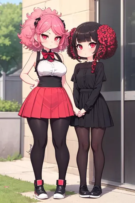 (masterpiece, best quality), 1girl, Carnation Curly Afro with Tapered Sides, medium breasts, Emerald Blouse and Asymmetrical skirt, leggings, Standing with hands on knees, looking forward, <lora:kionant:1> kionant